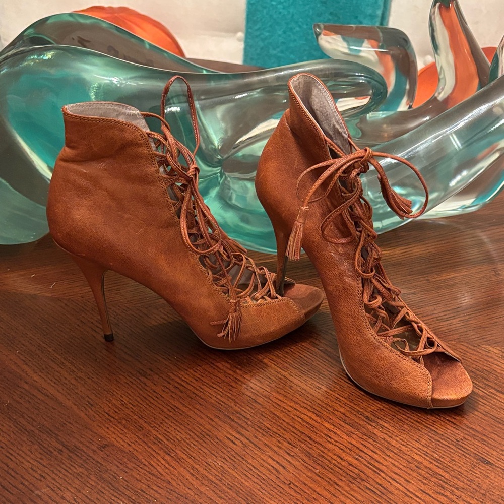 Steven By Steve Madden Tan Lace-Up Peep Toe Heels